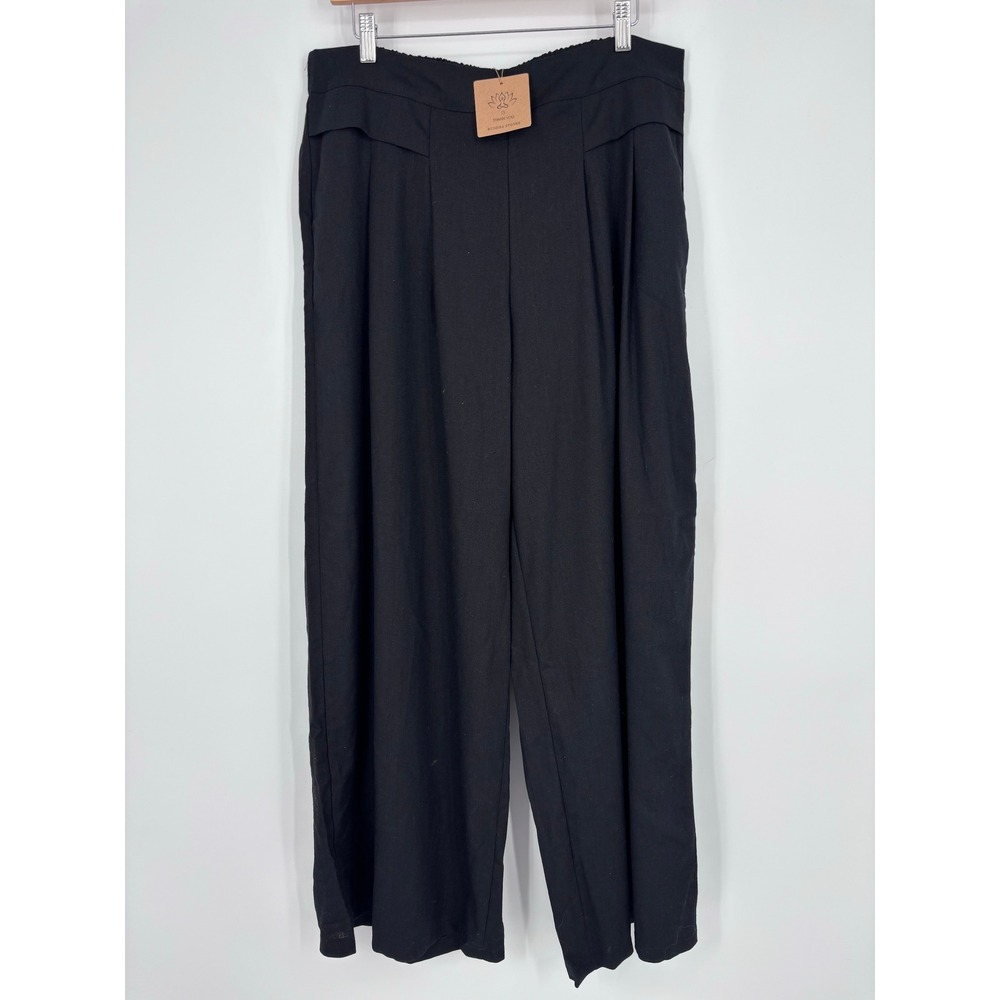 Buddha Stones Cotton Linen Blend Wide Leg Pleated Pants Women XXXL Black Casual